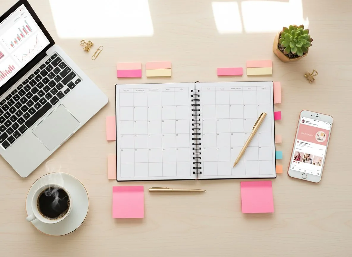 Content calendar planner on a desk with colorful sticky notes, a laptop showing social media analytics, and a smartphone displaying Instagram