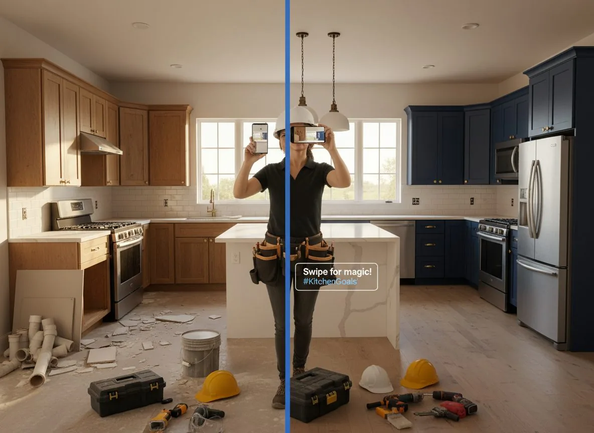 Contractor on a job site taking a photo of a beautiful kitchen renovation with their smartphone for social media content