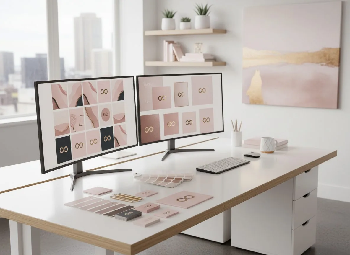 Creative workspace showing brand identity elements including color swatches, logo mockups on a screen, business cards, and social media templates