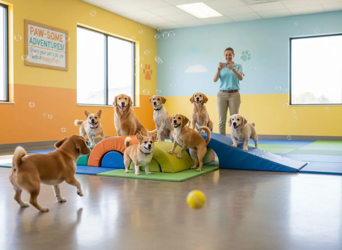 Happy group of dogs playing together at a bright, clean doggie daycare facility with a staff member taking photos for social media