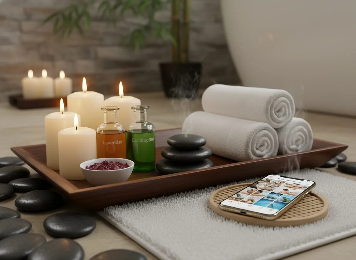 Luxurious spa setting with candles, essential oils, hot stones, and white towels creating a zen atmosphere for beauty business marketing