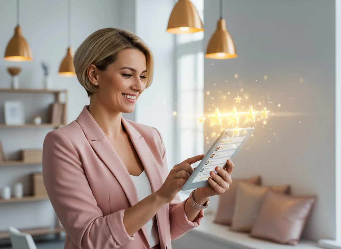 Small business owner smiling while viewing positive five-star reviews on a tablet screen in a modern office