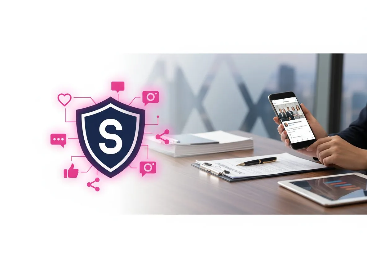 Professional insurance agent workspace with shield and social media elements representing trust-building online marketing